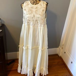 Anthropologie Embroidered cream color maxi dress